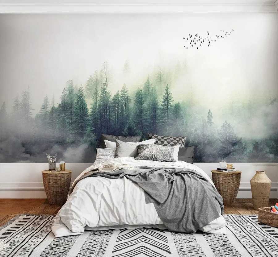 Fototapete Wald und Vögel im Nebel u10882