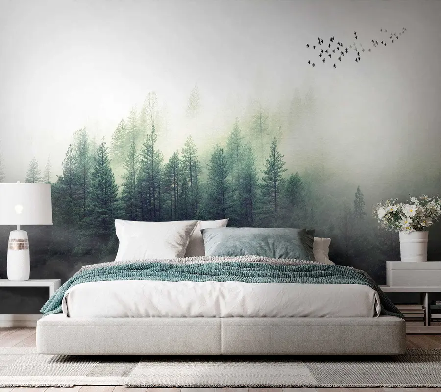 Fototapete Wald und Vögel im Nebel u10882