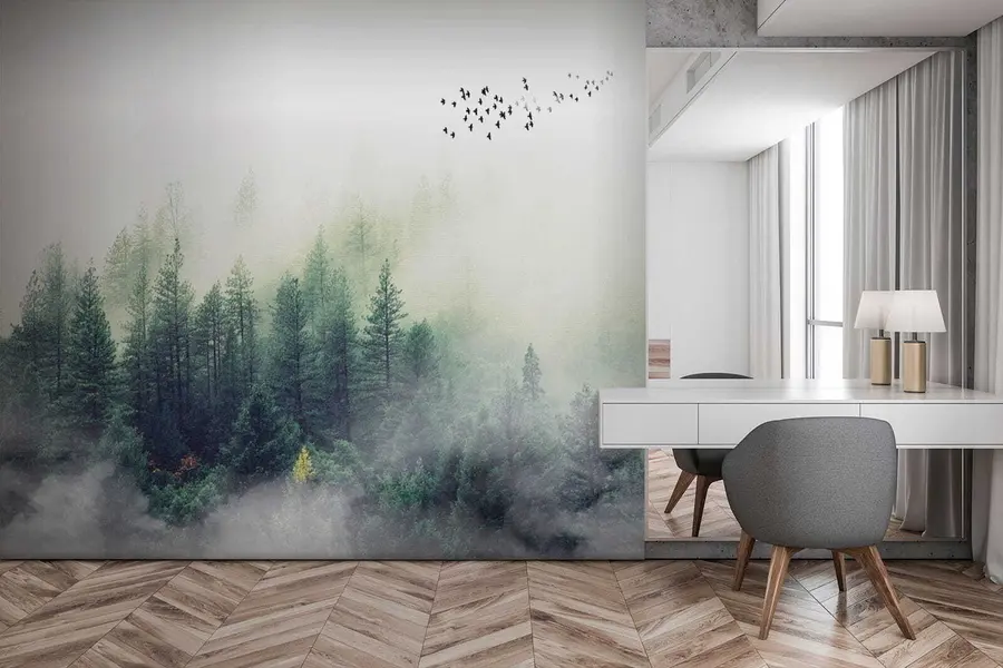 Fototapete Wald und Vögel im Nebel u10882