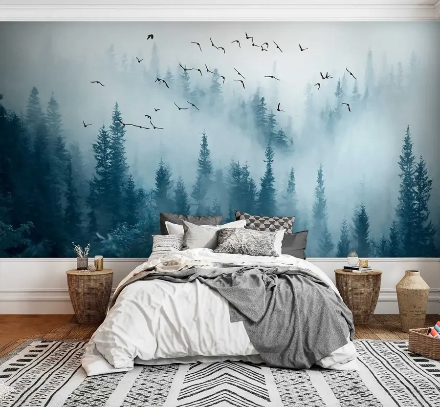 Fototapete Wald im Nebel und Vögel u22288
