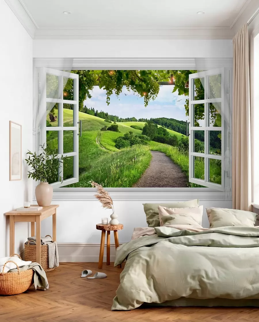Fototapete Fenster zu grünen Hügeln u28196