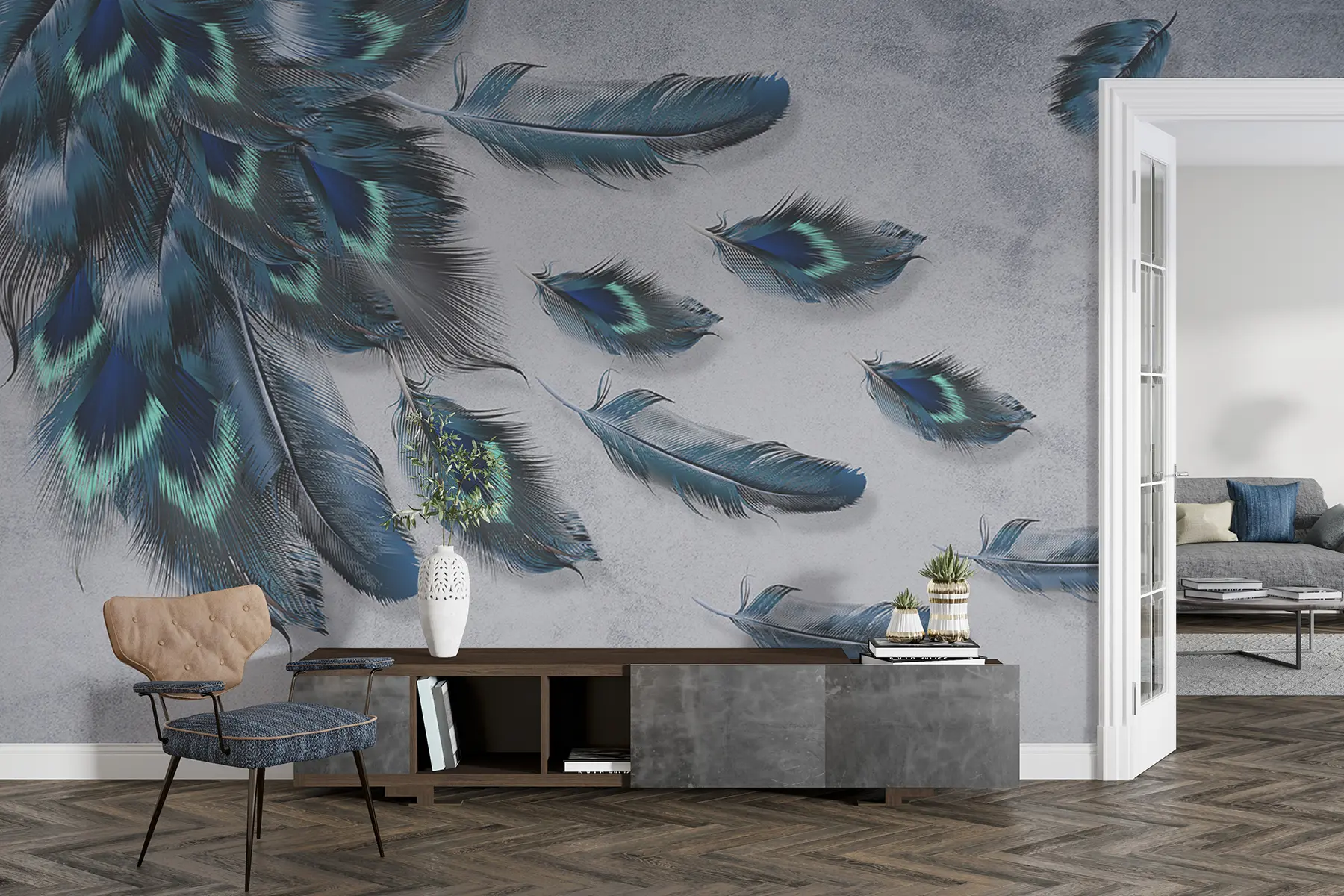 Fototapete Pfauenfedern auf dem Hintergrund der Betonmauer u29836