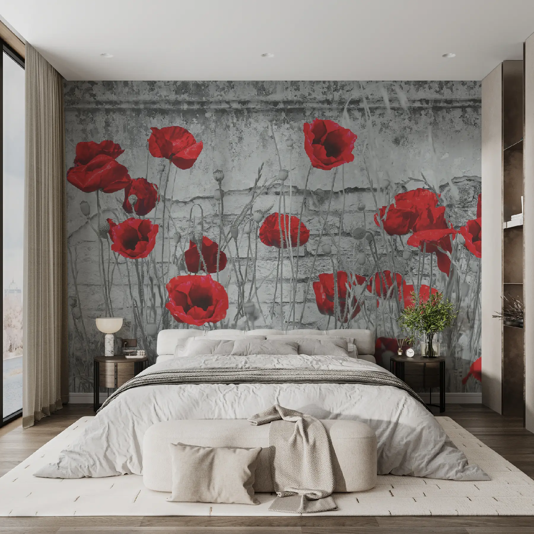 Fototapete Helle Mohnblumen auf dem Hintergrund der Wand u40552