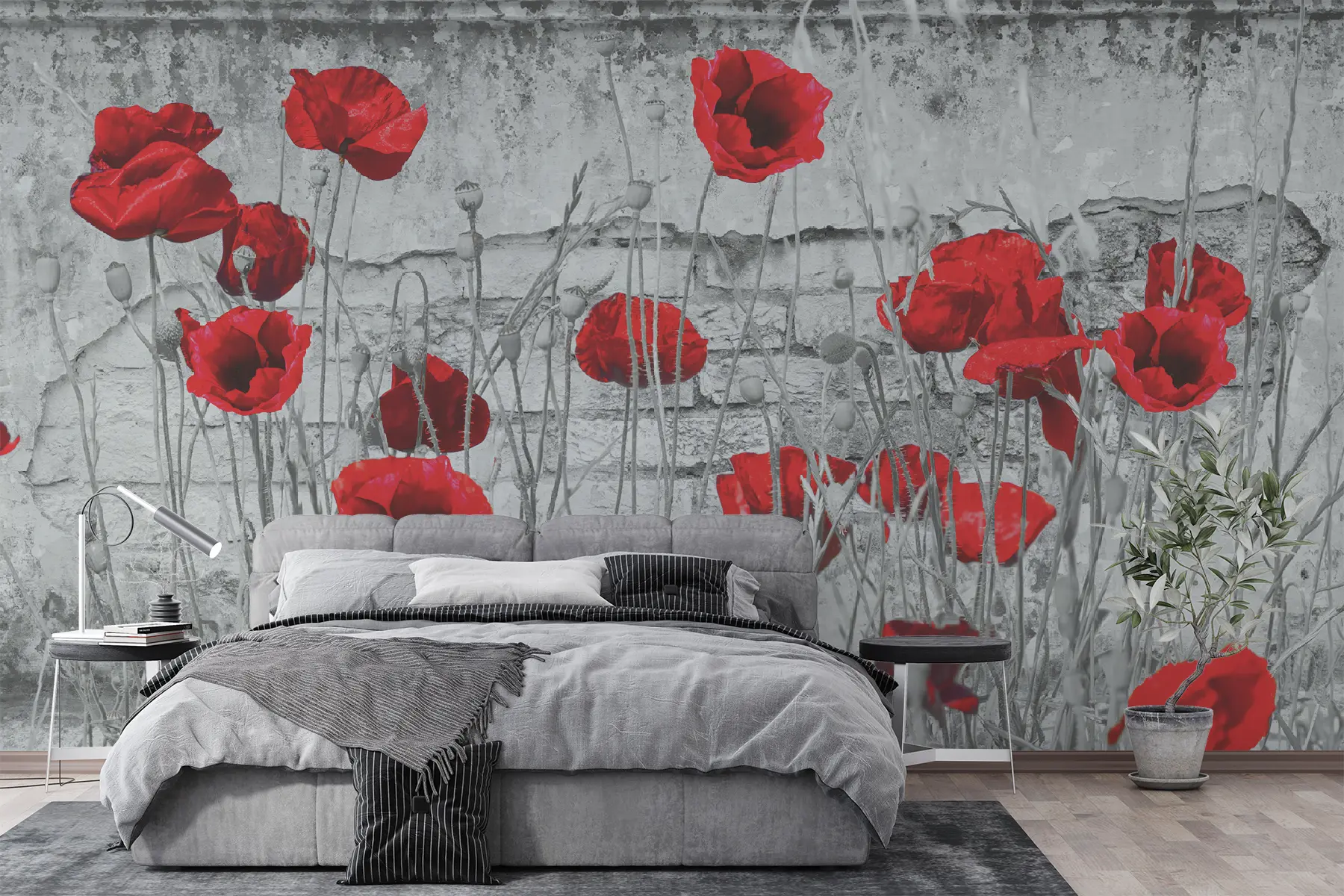 Fototapete Helle Mohnblumen auf dem Hintergrund der Wand u40552