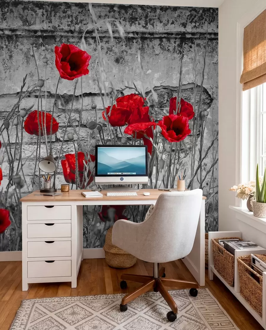 Fototapete Helle Mohnblumen auf dem Hintergrund der Wand u40552