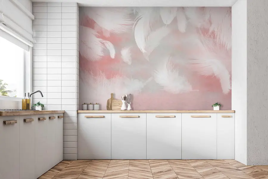 Fototapete Weiße Federn auf rosa Hintergrund u41755