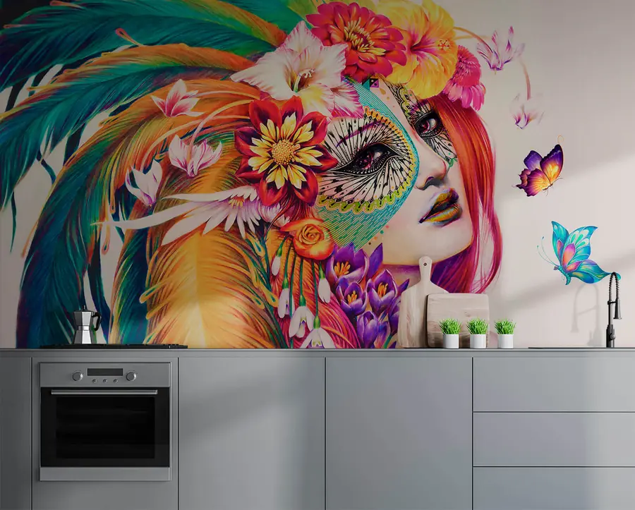 Fototapete Mädchen mit Federn und Blumen u46277