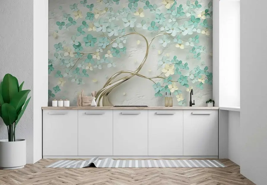 Fototapete Goldener Baum mit blauen Blumen u52550