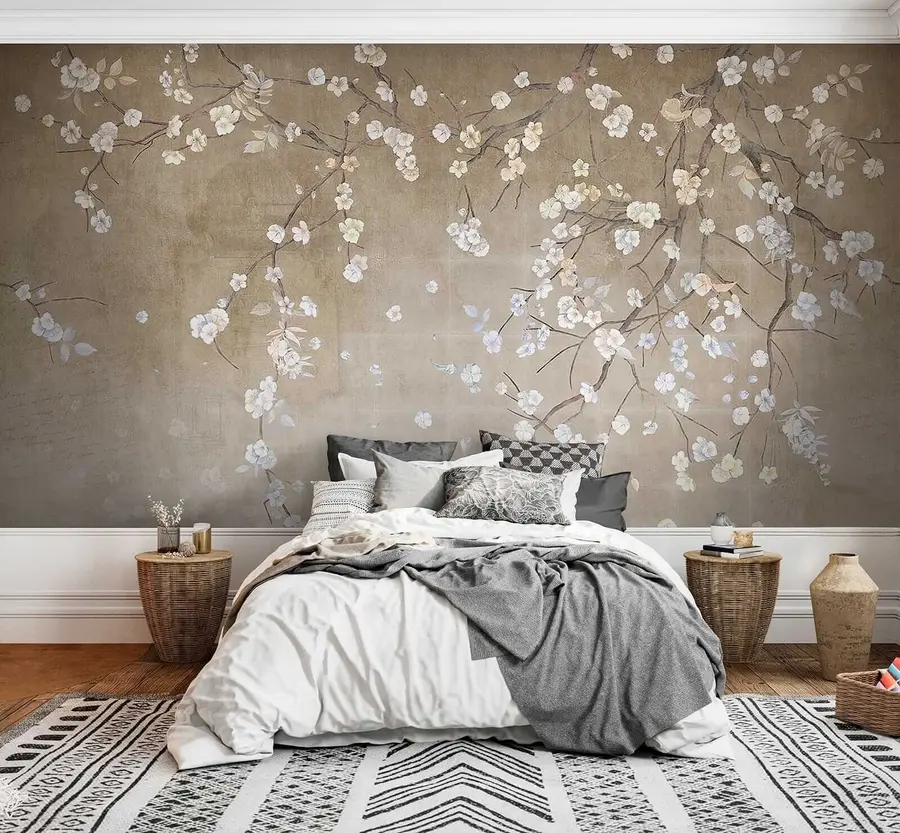 Fototapete Blühender Baum an einer schäbigen Wand u61369