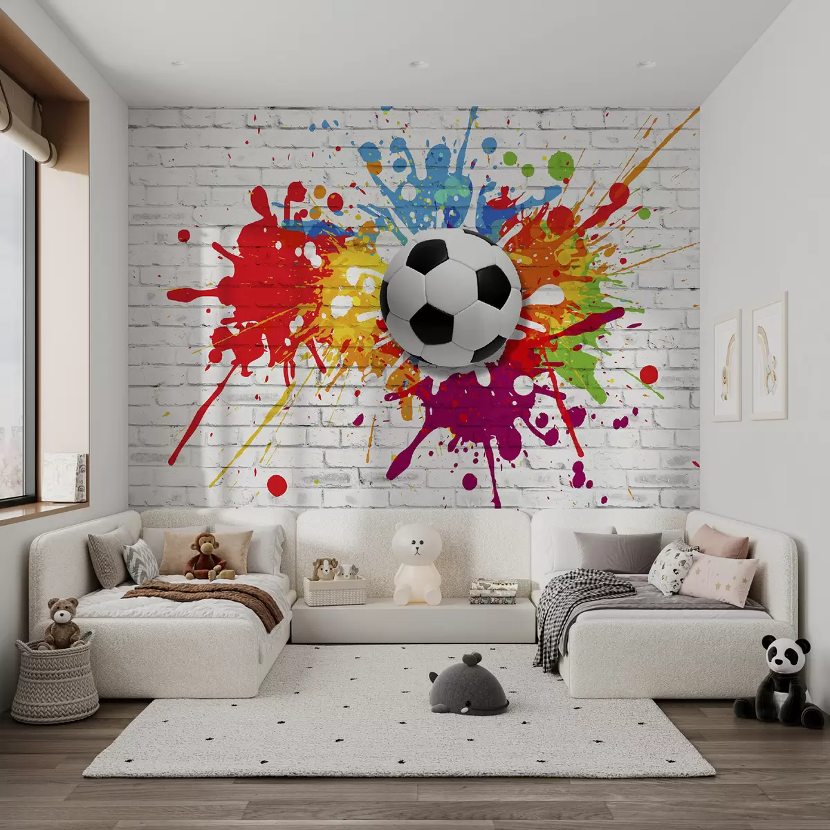 Fototapete Fußballball vor dem Hintergrund einer Backsteinmauer u64587