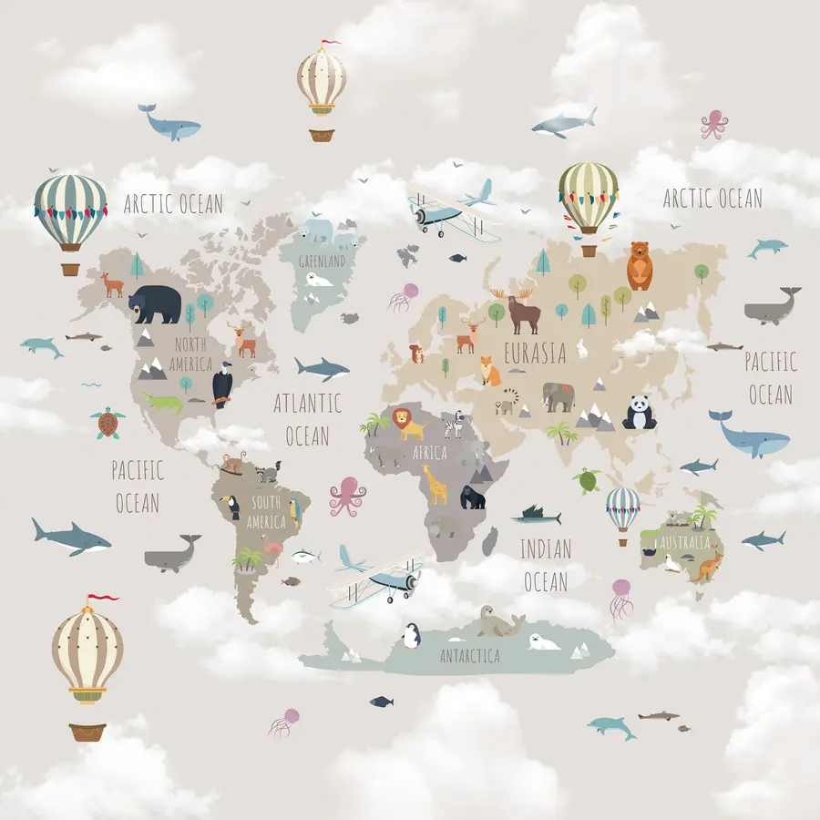 Fototapete Weltkarte mit Tieren und Luftballons u96461d1