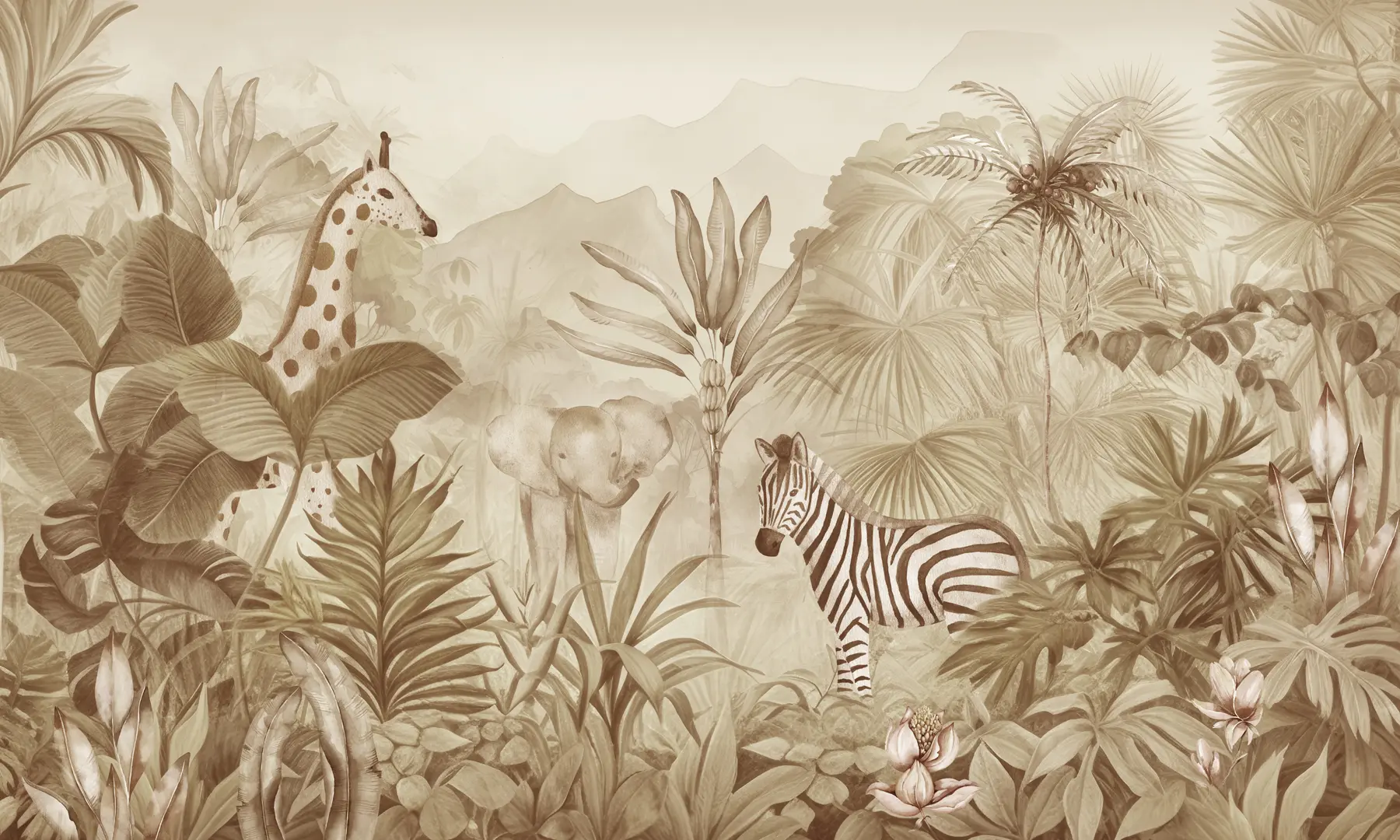 Fototapete Dschungelwald, Palmen, Giraffe, Elefant, Zebra, Aquarell, beige Farbe, Bananenbaum, Blumen w00089v1