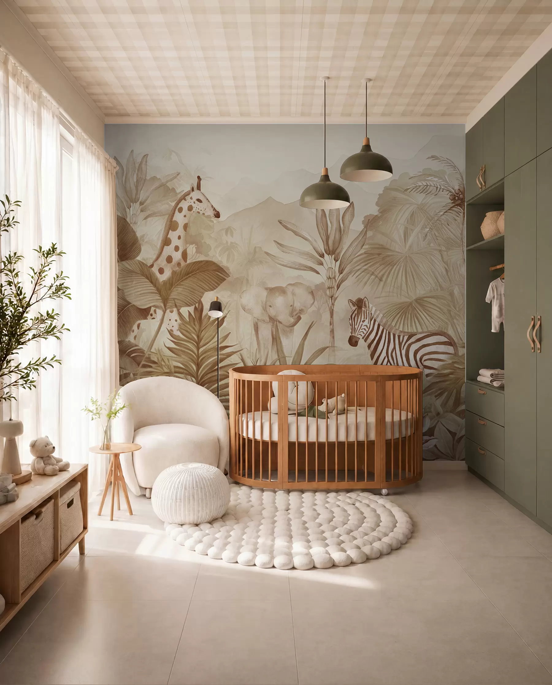 Fototapete Dschungelwald, Palmen, Giraffe, Elefant, Zebra, Aquarell, beige Farbe, Bananenbaum, Blumen w00089v1