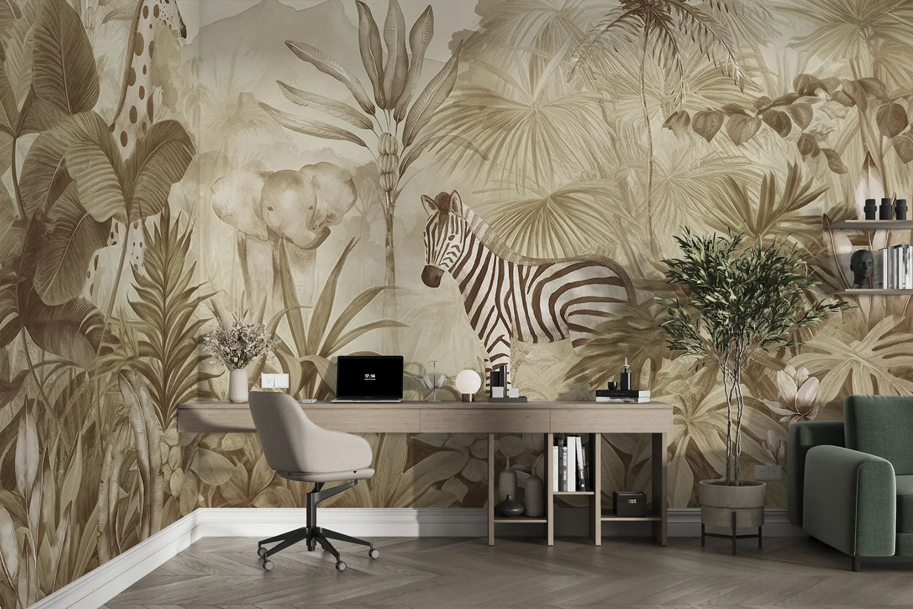 Fototapete Dschungelwald, Palmen, Giraffe, Elefant, Zebra, Aquarell, beige Farbe, Bananenbaum, Blumen w00089v1
