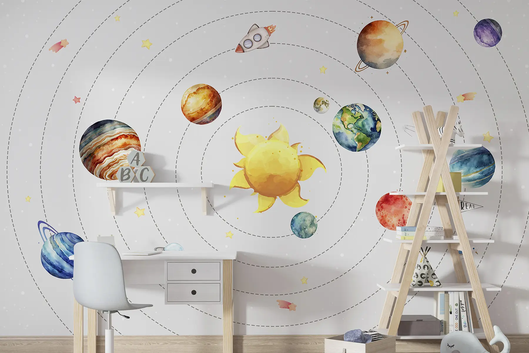 Fototapete Sonnensystem, Planeten, Sonne, Rakete, Ufo, Satellit, Sterne, weißer Hintergrund  w00214