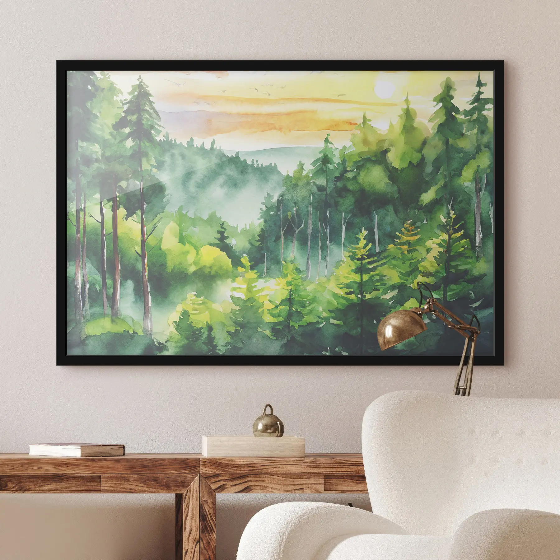 Fototapete Waldlandschaft, Sonnenuntergang Himmel, Aquarell, Grünzeug, Kiefern, Natur f37952