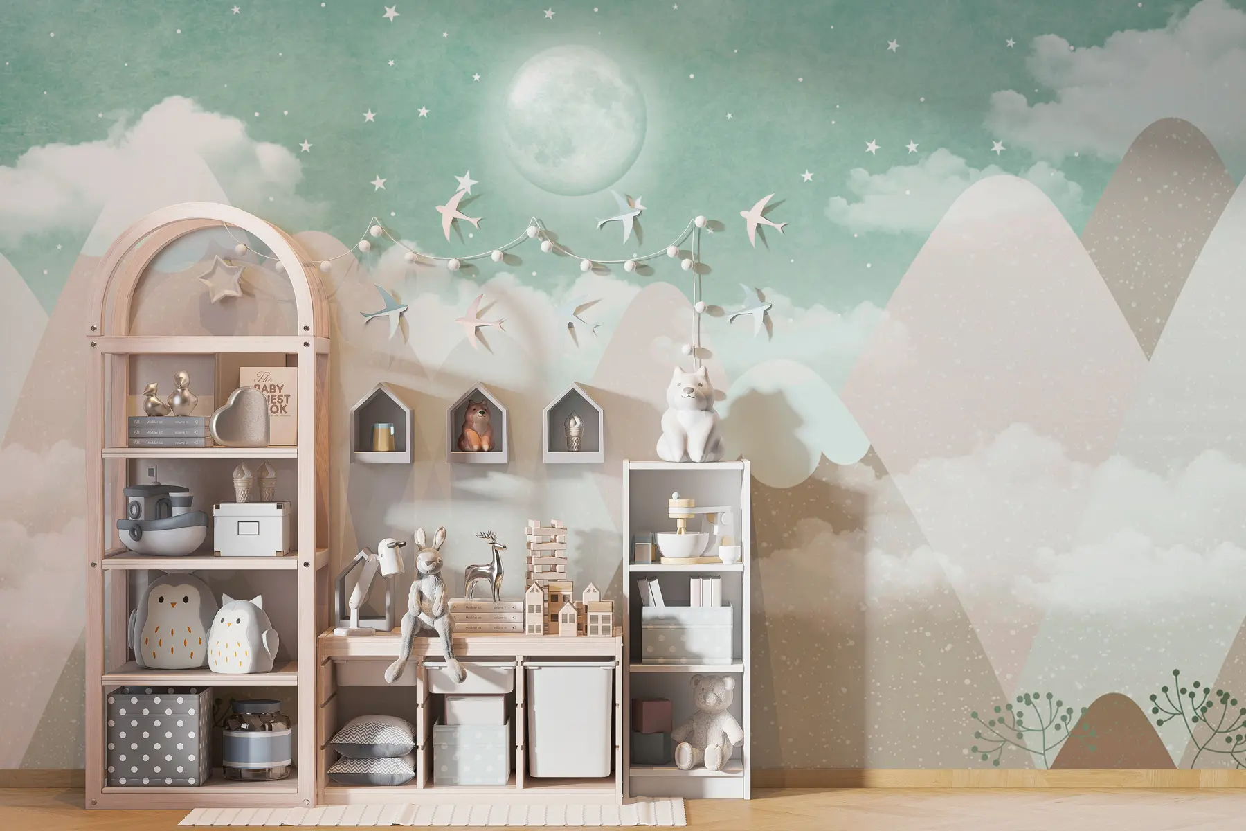 Fototapete Mond über verschneiten Bergen Kinder Illustration in grün w00374v3