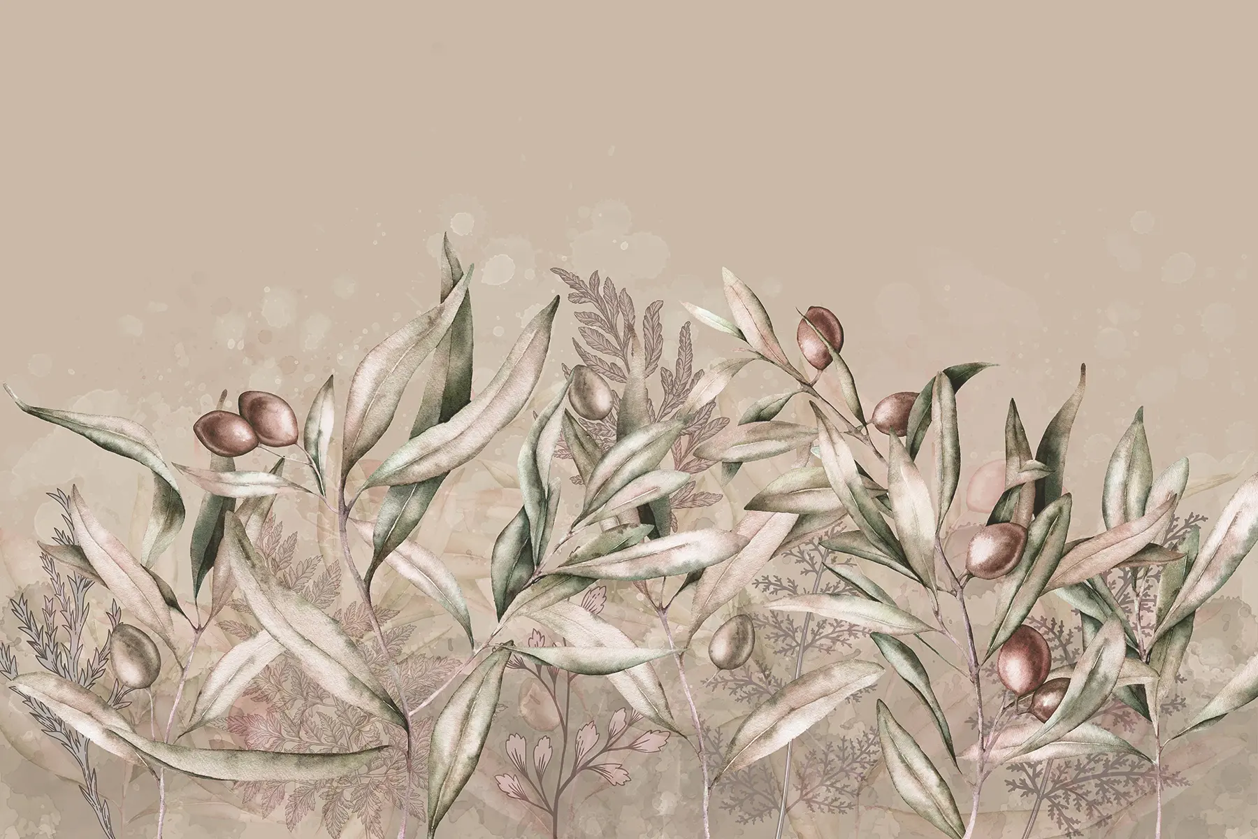 Fototapete Oliven-Illustration, Blumendesign, tropisch, Aquarell, große Blätter, Beigetöne w00407v1