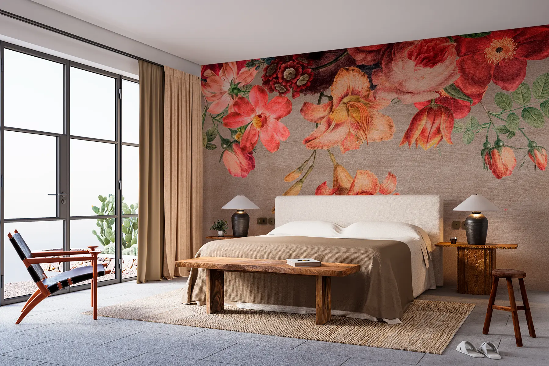 Fototapete Botanische Illustration Blumenstrauß Stillleben auf braunem Hintergrund  w00427