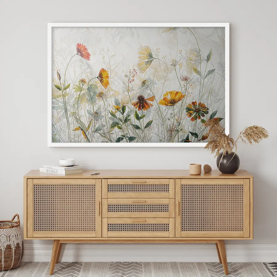 Fototapete Feld zarte Blumen auf weißem Hintergrund Ölgemälde f38197