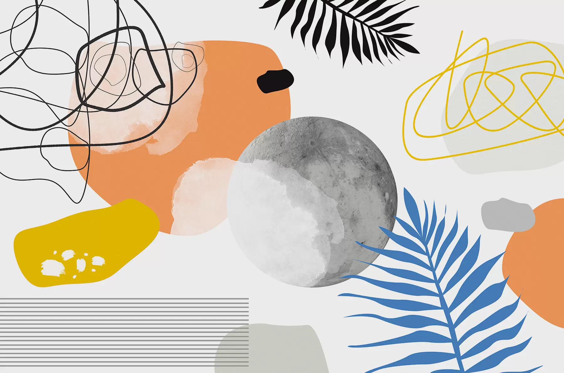 Fototapete Abstrakt modern, Minimalismus, Boho, Geometrie, Aquarellflecken, Vollmond, Palmblattsilhouette, Topografie, Komplexität, Orange, Gelb, Grau w00508