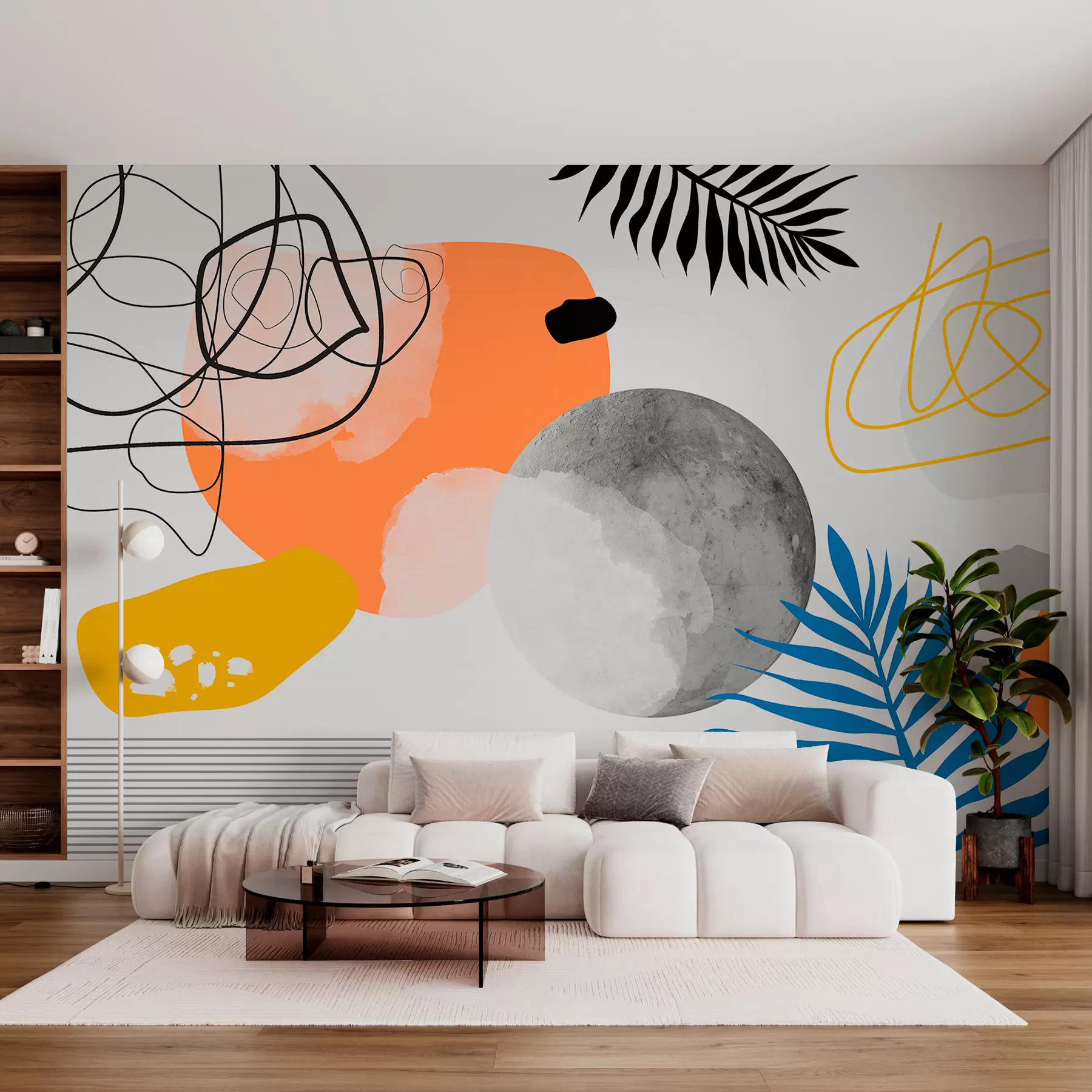 Fototapete Abstrakt modern, Minimalismus, Boho, Geometrie, Aquarellflecken, Vollmond, Palmblattsilhouette, Topografie, Komplexität, Orange, Gelb, Grau w00508