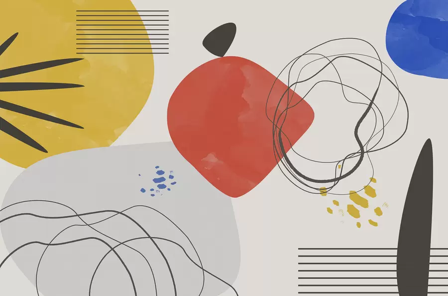 Fototapete Abstraktion modern, Lichtblick, Boho, Geometrie, Topographie, Kurven, Linien, rot, gelb, blau, schwarz w00514