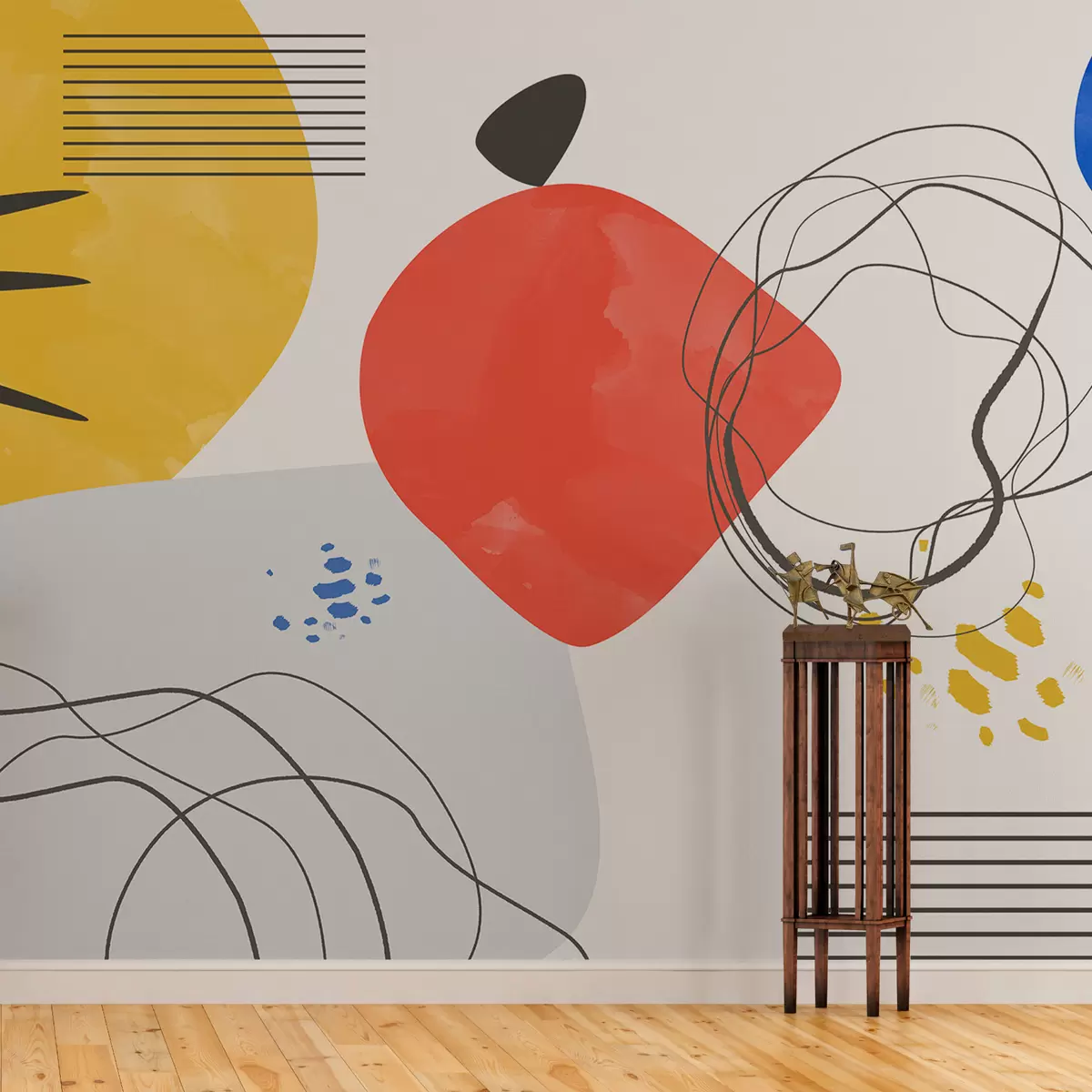 Fototapete Abstraktion modern, Lichtblick, Boho, Geometrie, Topographie, Kurven, Linien, rot, gelb, blau, schwarz w00514