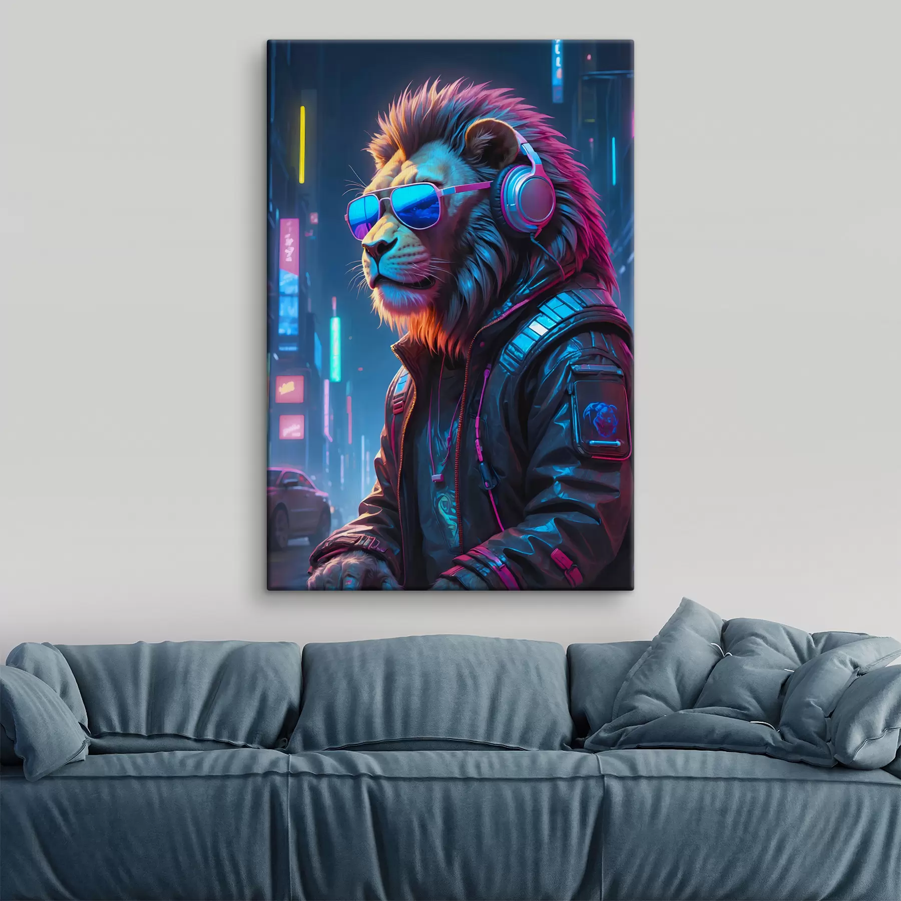 Fototapete Löwe vor dem Hintergrund einer Neonstadt s38169