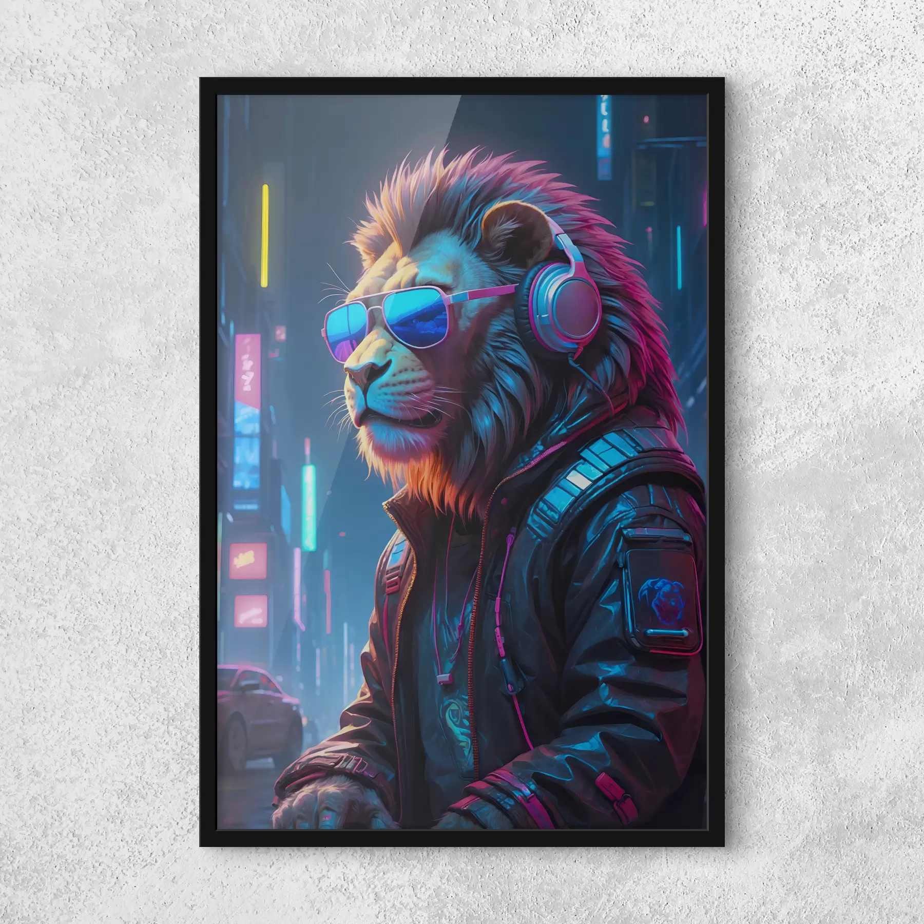 Fototapete Löwe vor dem Hintergrund einer Neonstadt f38169