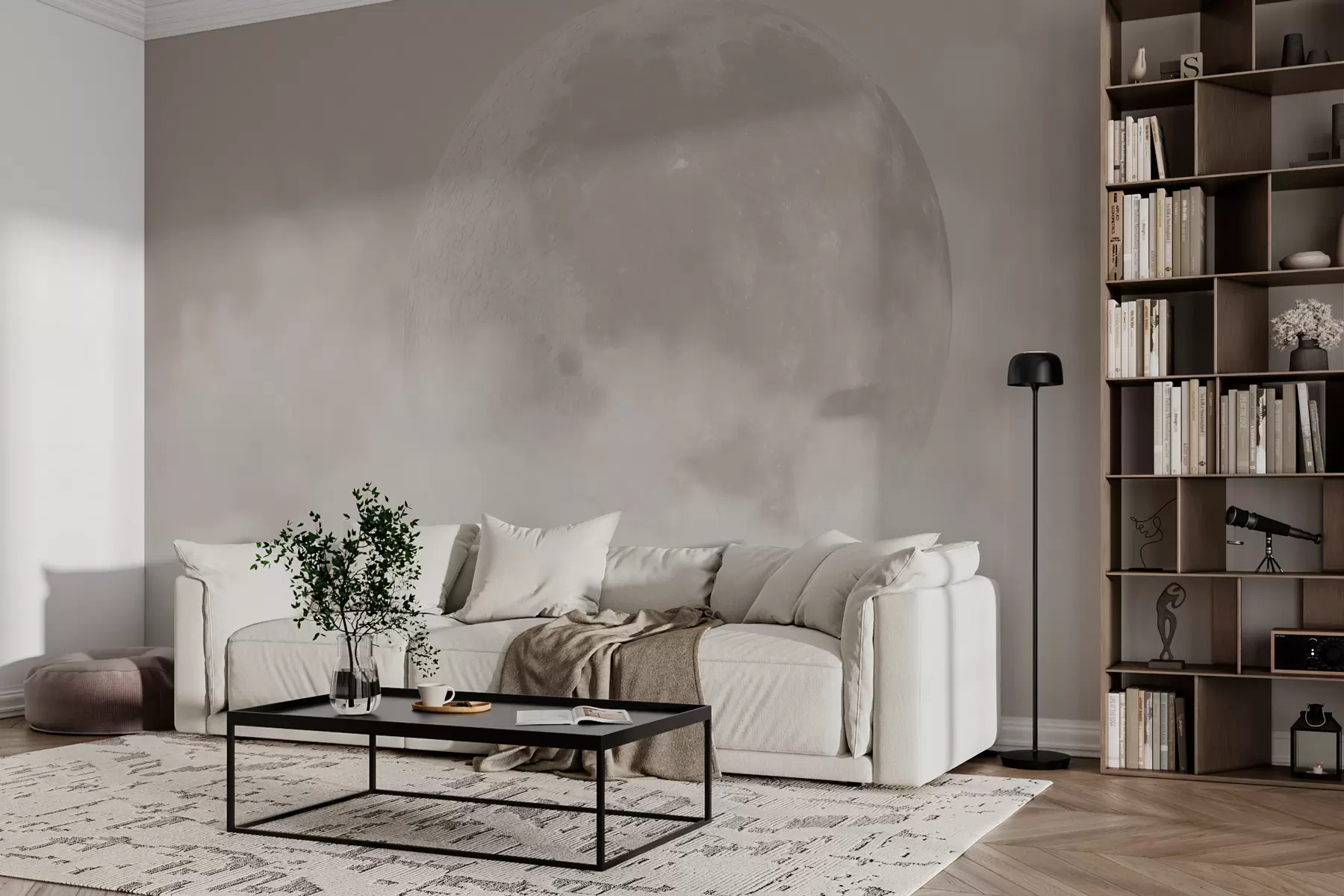 Fototapete Großer Mond zwischen den Wolken im beigen Loft-Stil w00548