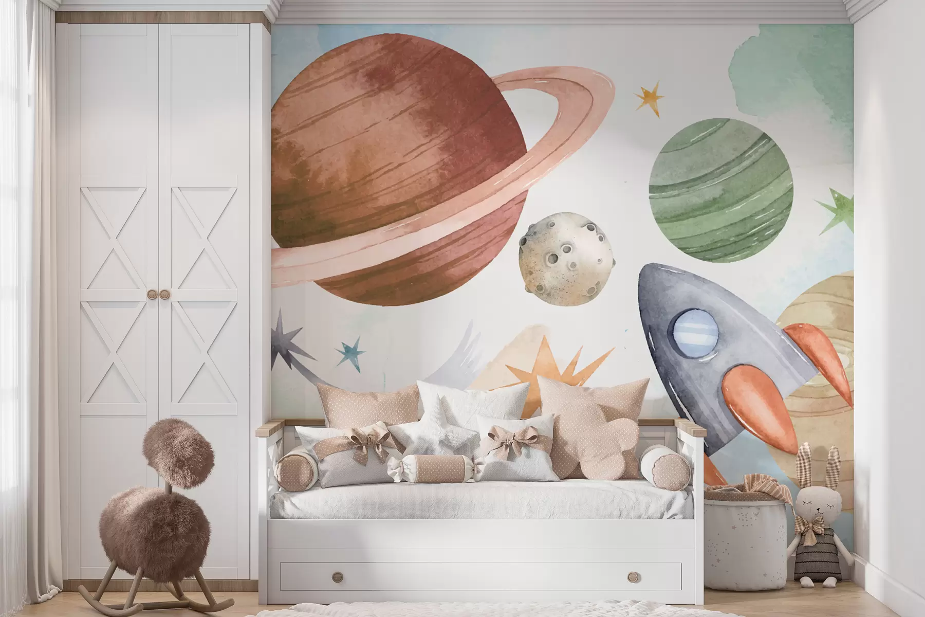 Fototapete Eine farbenfrohe Illustration, die verschiedene Planeten und Weltraum-Aquarelle darstellt w00539