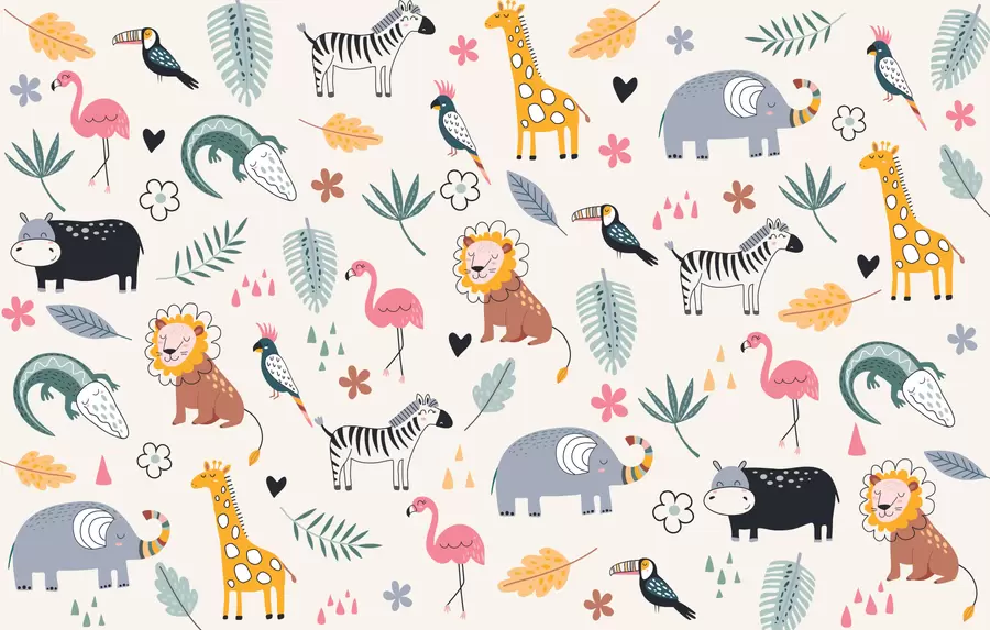 Fototapete Tiere, Löwen, Giraffen, Elefanten, Blätter, Babyzimmer w00555