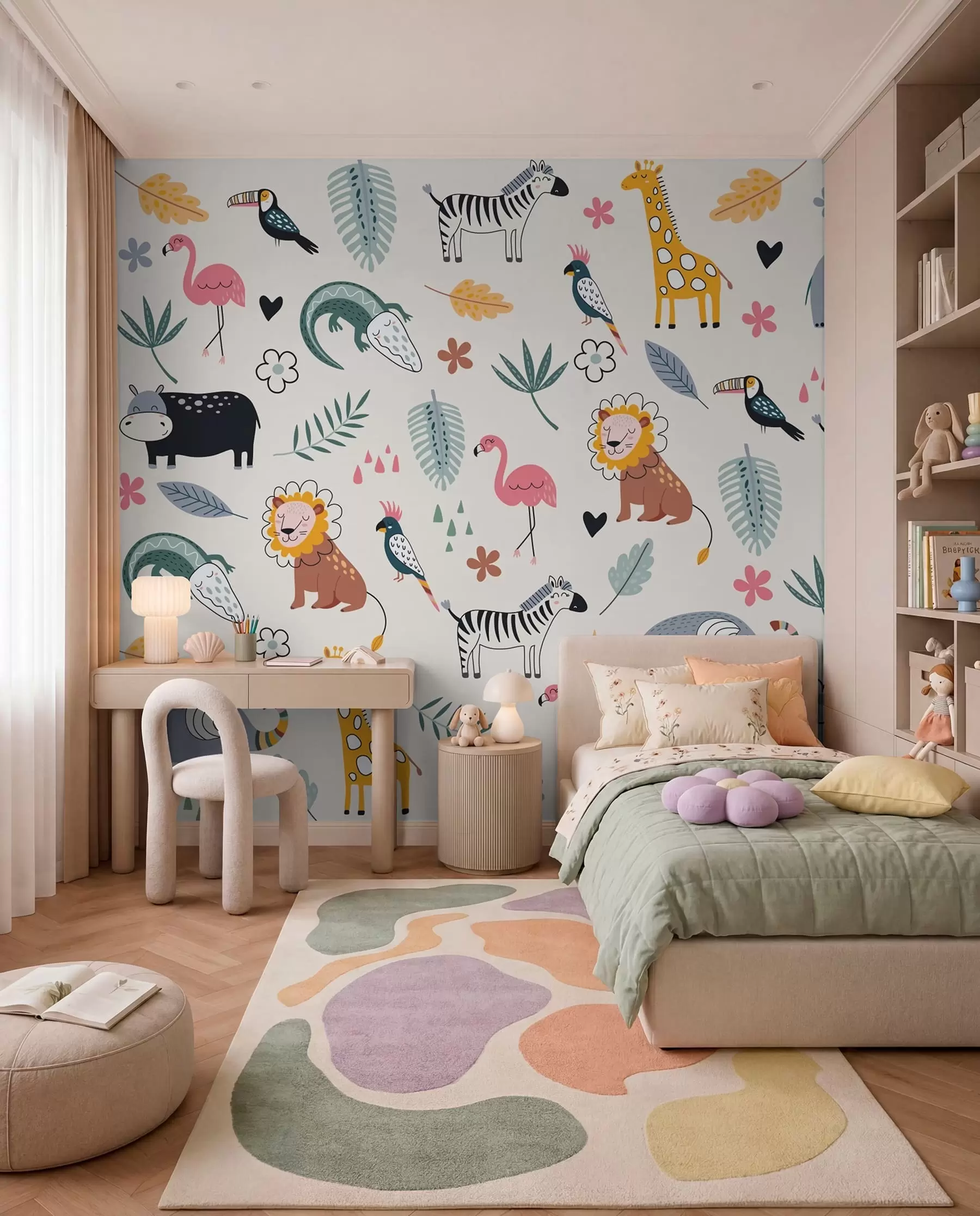 Fototapete Tiere, Löwen, Giraffen, Elefanten, Blätter, Babyzimmer w00555
