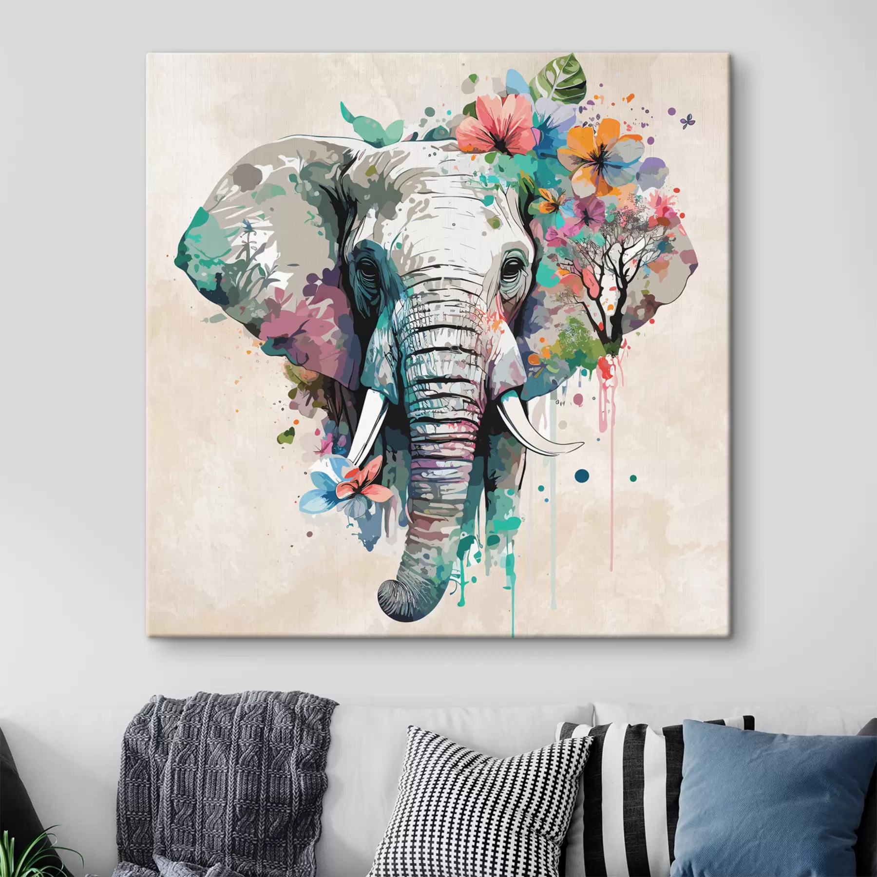 Fototapete Elefant in Blumen, Farbflecken s38333