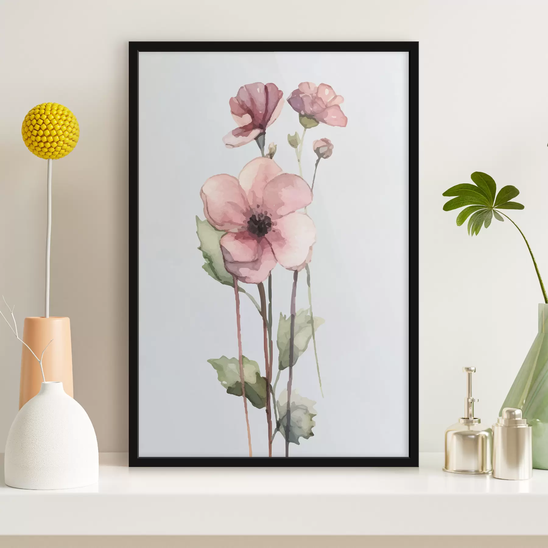 Fototapete rosa Blumen, Aquarell, blauer Hintergrund f38328