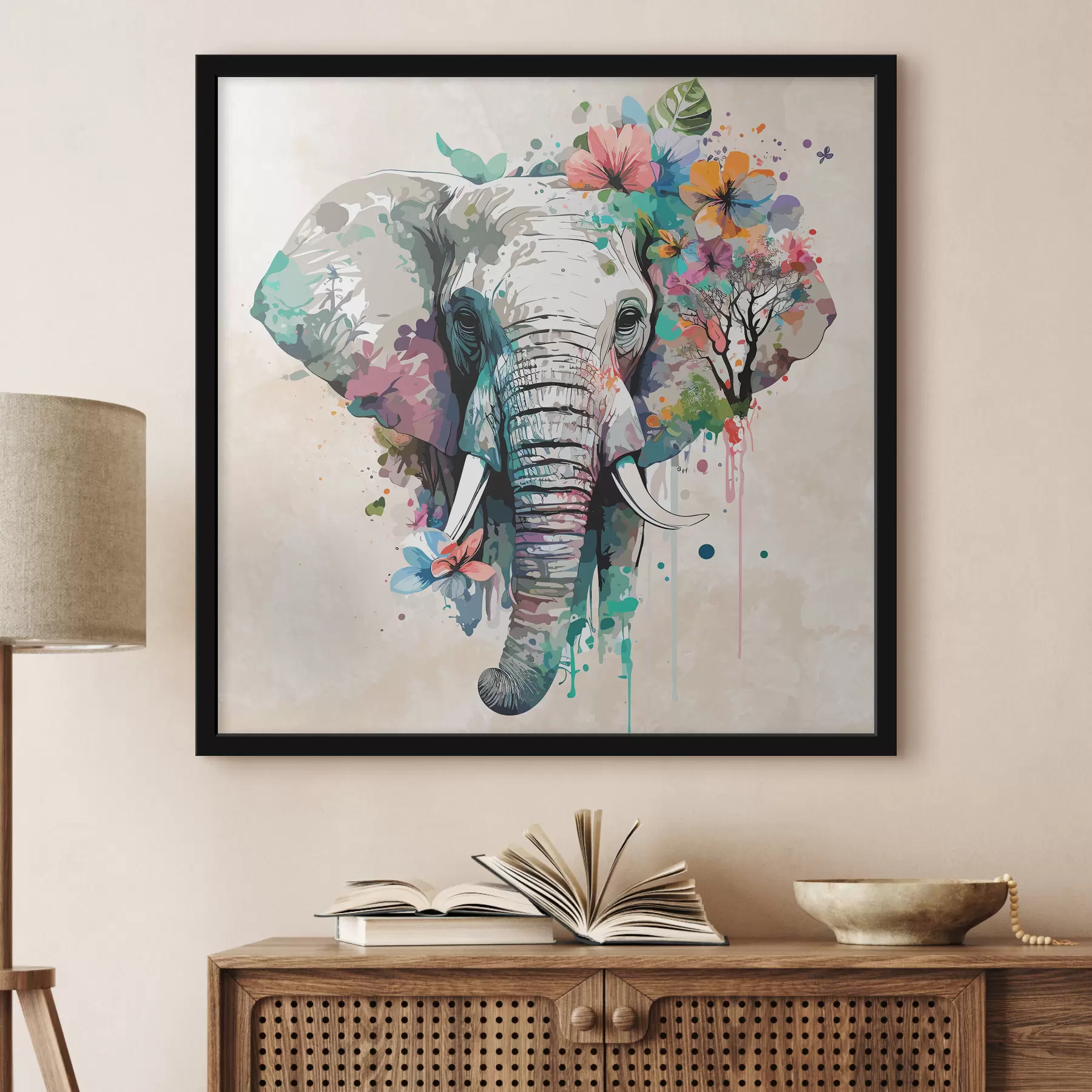 Fototapete Elefant in Blumen, Farbflecken f38333