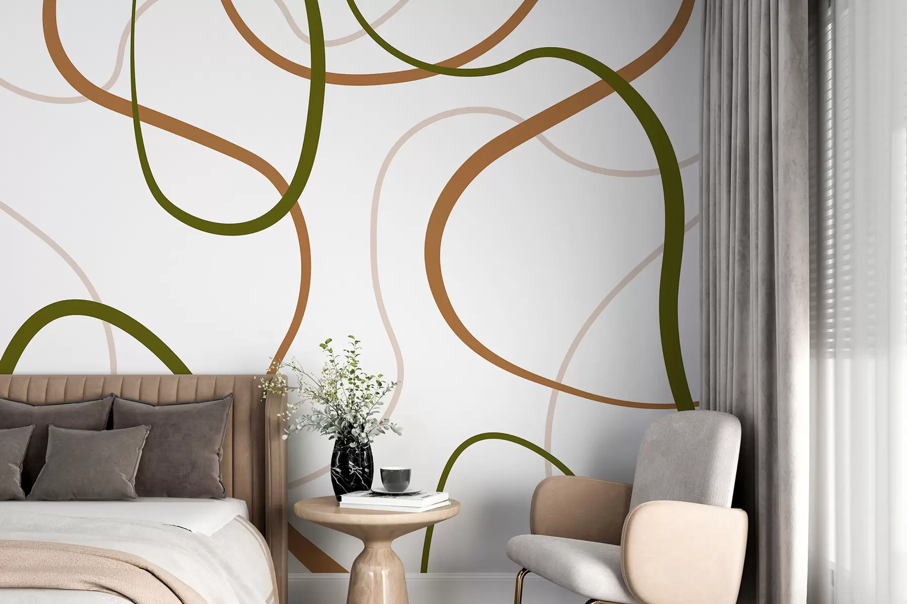 Fototapete Abstrakte Linien, minimalistisches, geometrisches Muster, grün und beige w00594