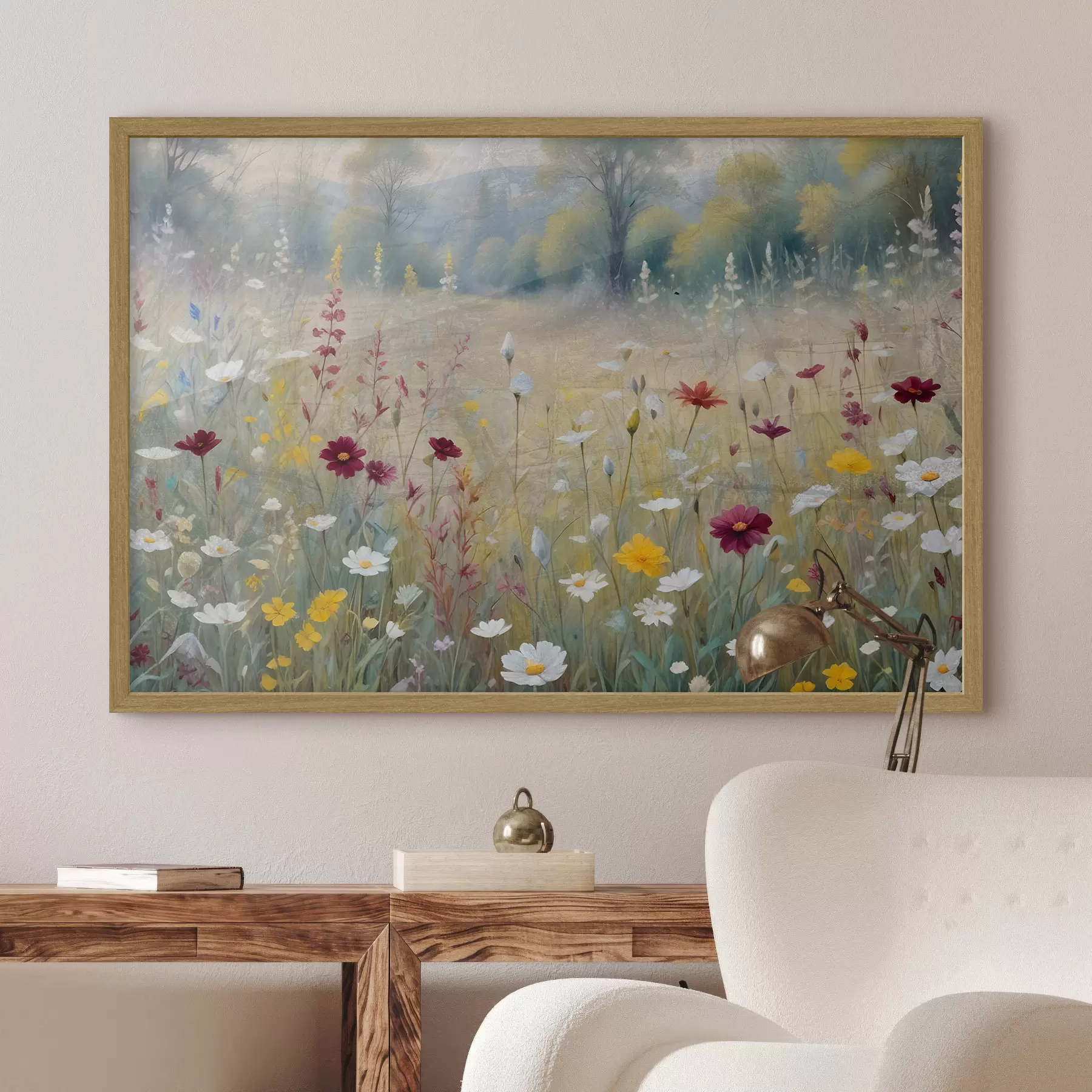 Fototapete Eine bunte Wiese mit Wildblumen mit einem verschwommenen Wald im Hintergrund f38368