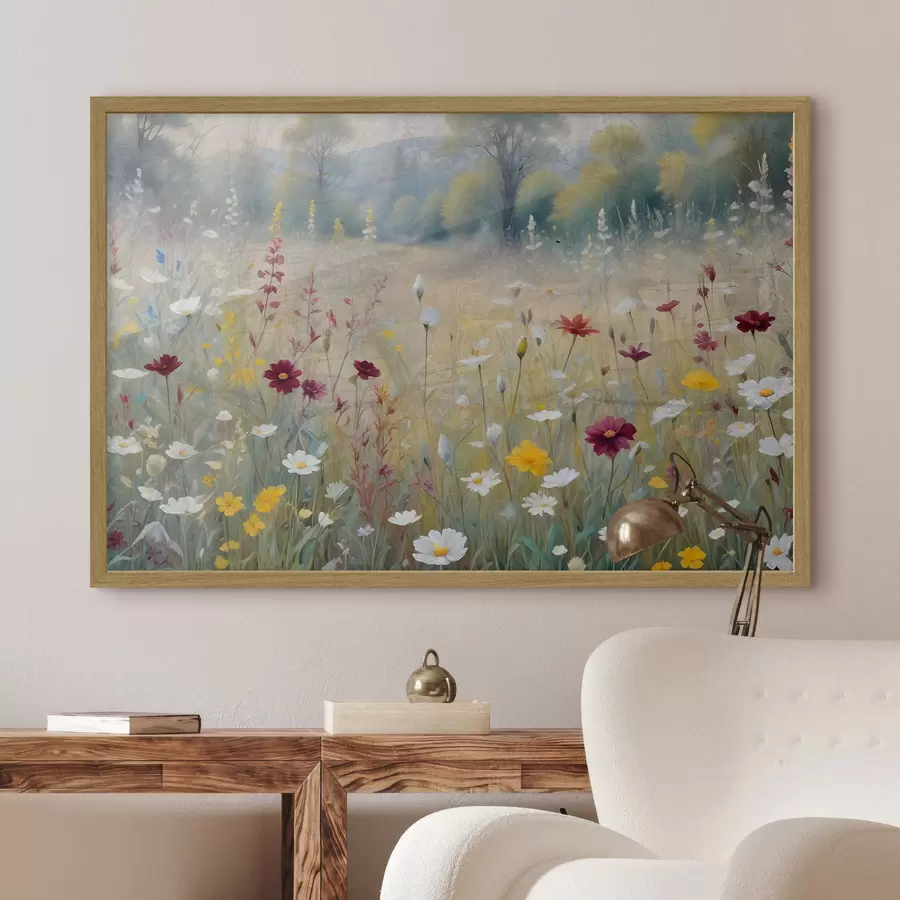 Fototapete Eine bunte Wiese mit Wildblumen mit einem verschwommenen Wald im Hintergrund f38368