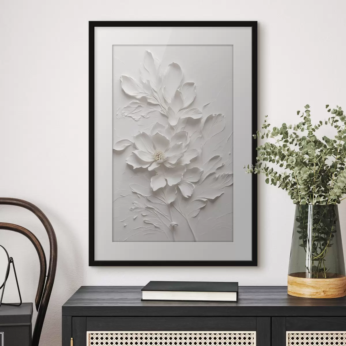 Poster Weiße Blume auf weißem Hintergrund in Öl f38305