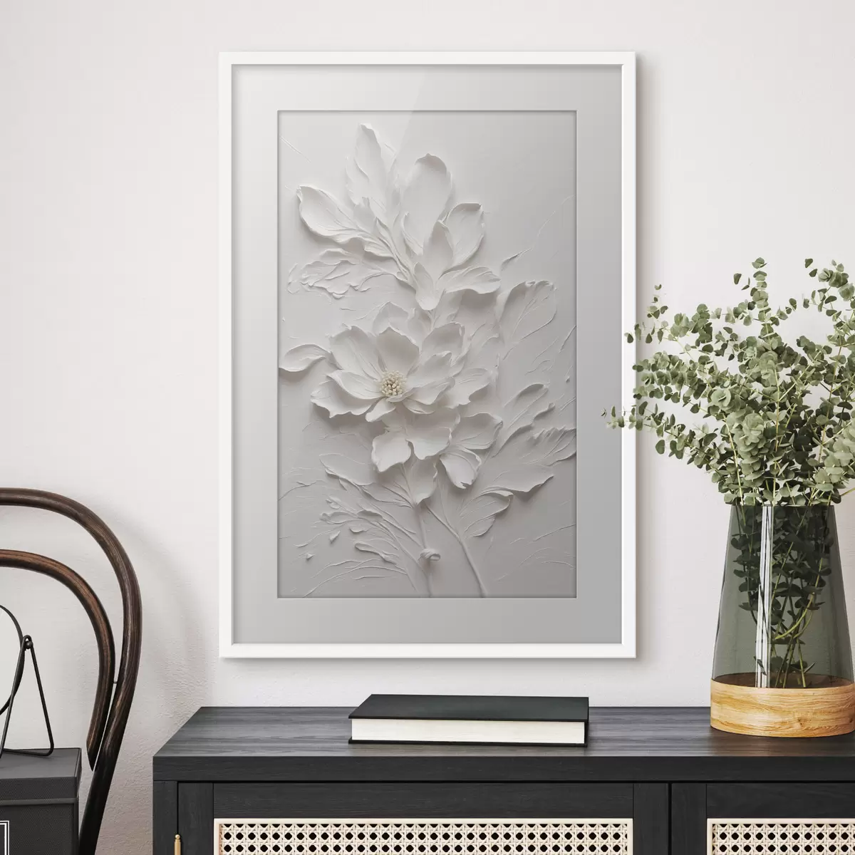 Poster Weiße Blume auf weißem Hintergrund in Öl f38305