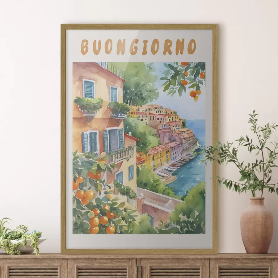 Fototapete Italienische Stadtarchitektur, Amalfiküste, Sommer, Aquarell, Zitronenbaum f38393