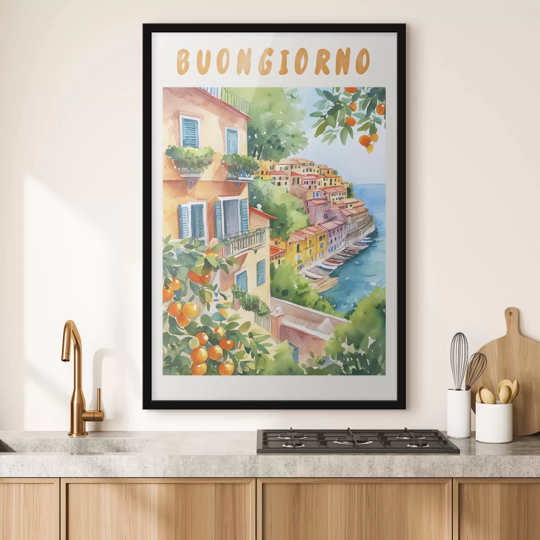 Fototapete Italienische Stadtarchitektur, Amalfiküste, Sommer, Aquarell, Zitronenbaum f38393
