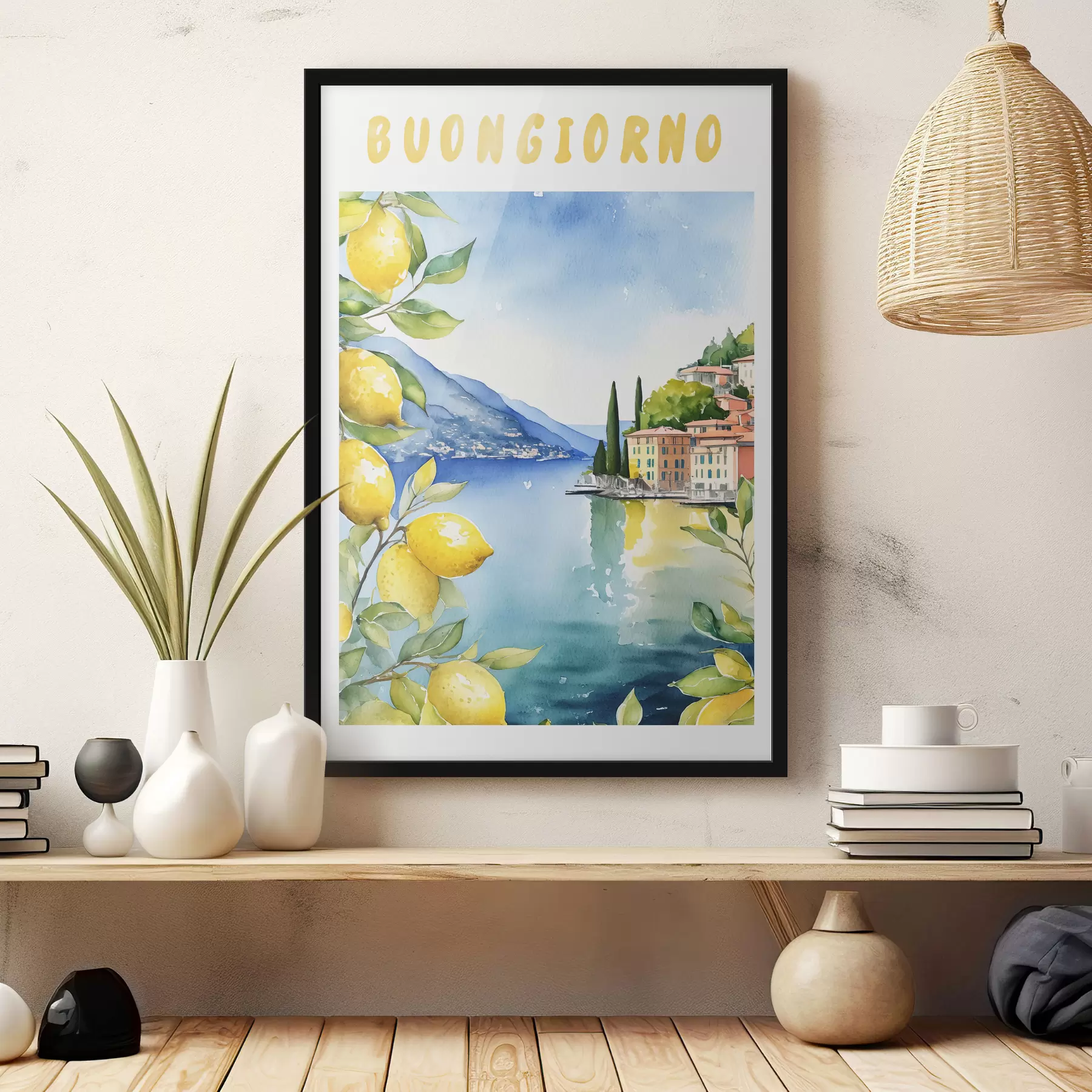 Fototapete Italienischer See, Sommer, Aquarell, Naturlandschaft, Zitronen, Stadtarchitektur f38394