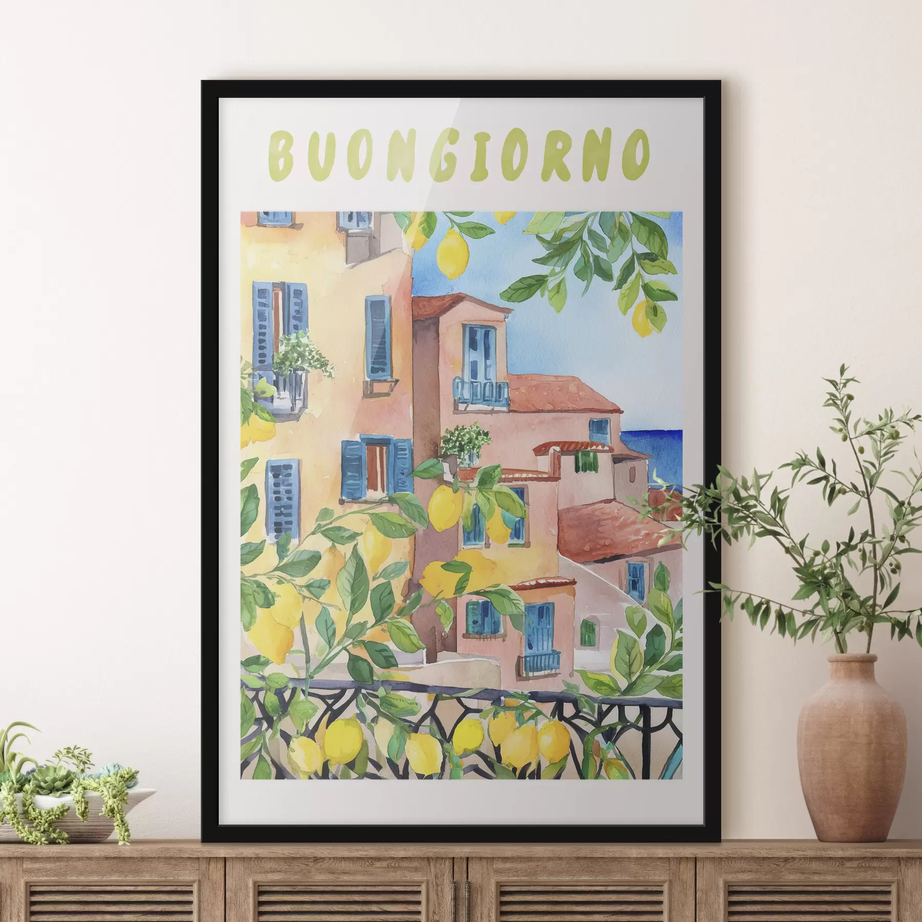 Fototapete Italienische Stadtarchitektur, Meeresküste, Sommer, Aquarell, Zitronenbaum f38395