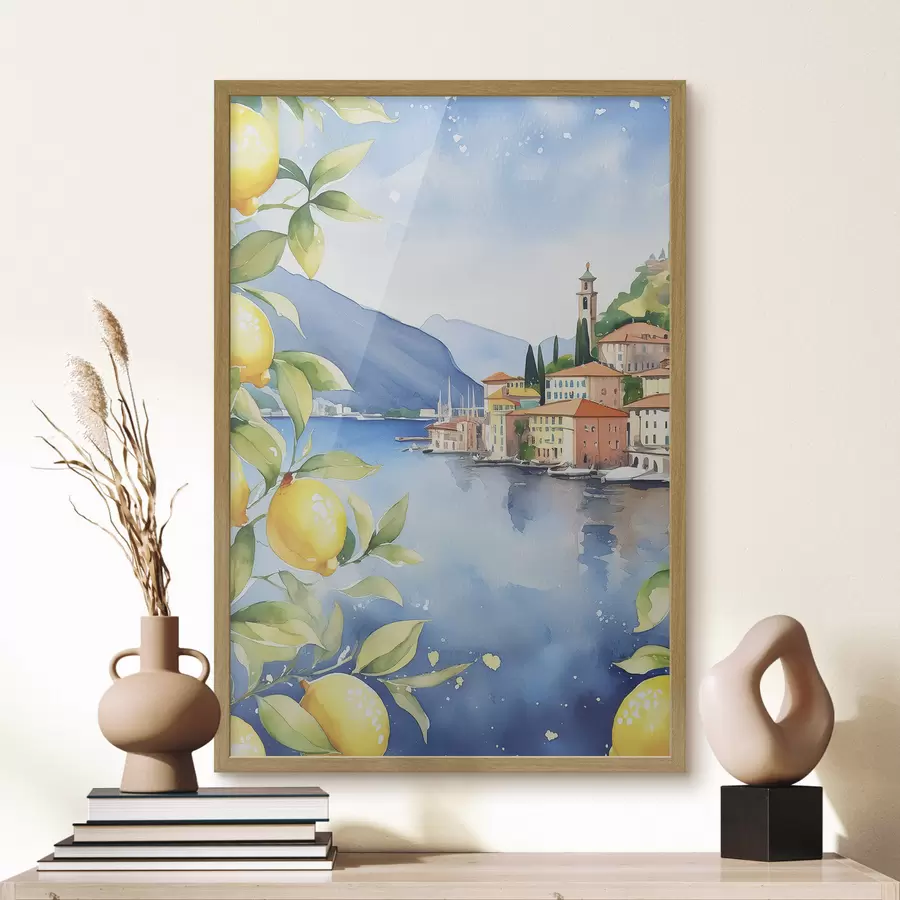Fototapete Italienischer See, Sommer, Aquarell, Naturlandschaft, Zitronen, Stadtarchitektur f38397