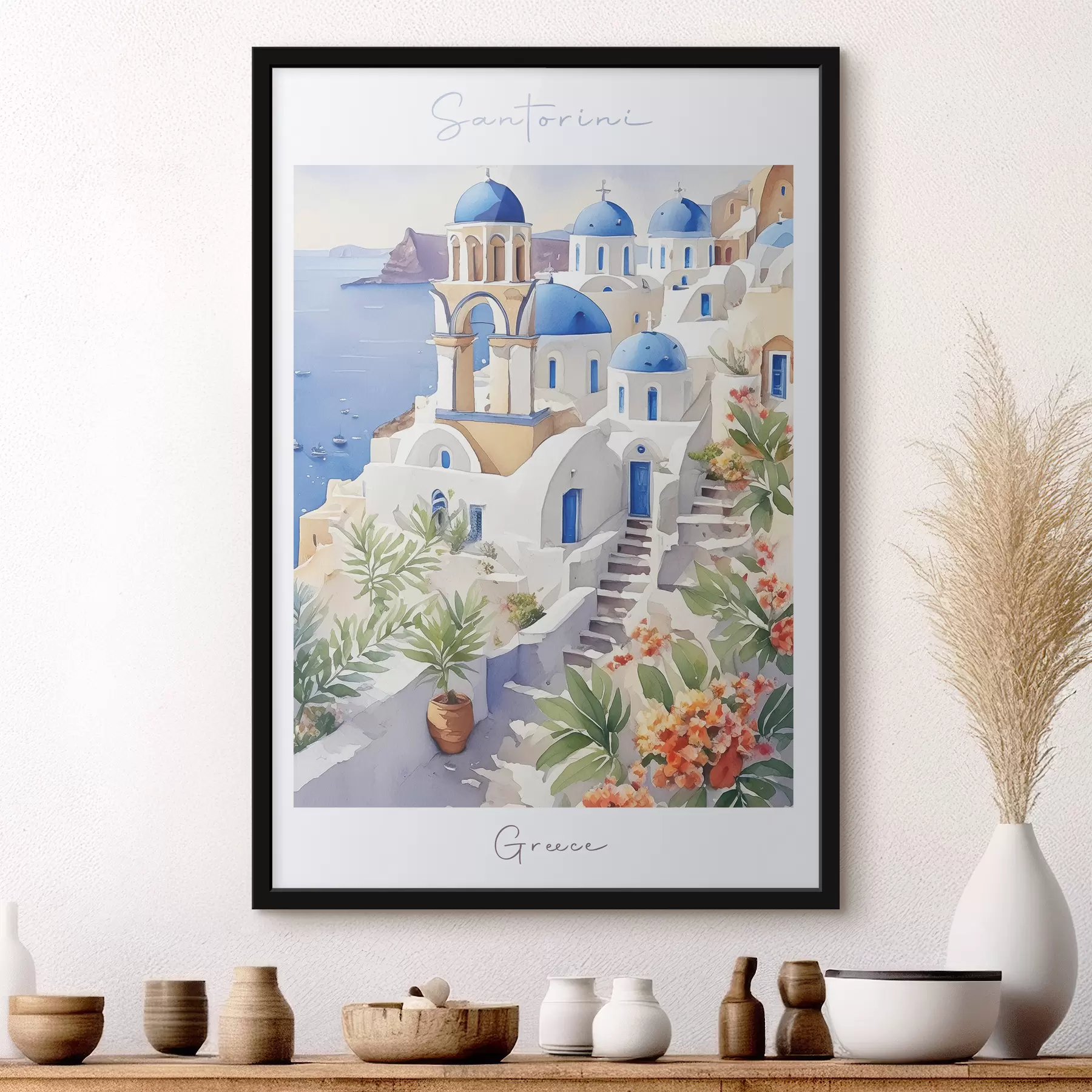 Fototapete Santorini, Griechenland, Architektur, Aquarell, Sommer, Mittelmeerküste f38400