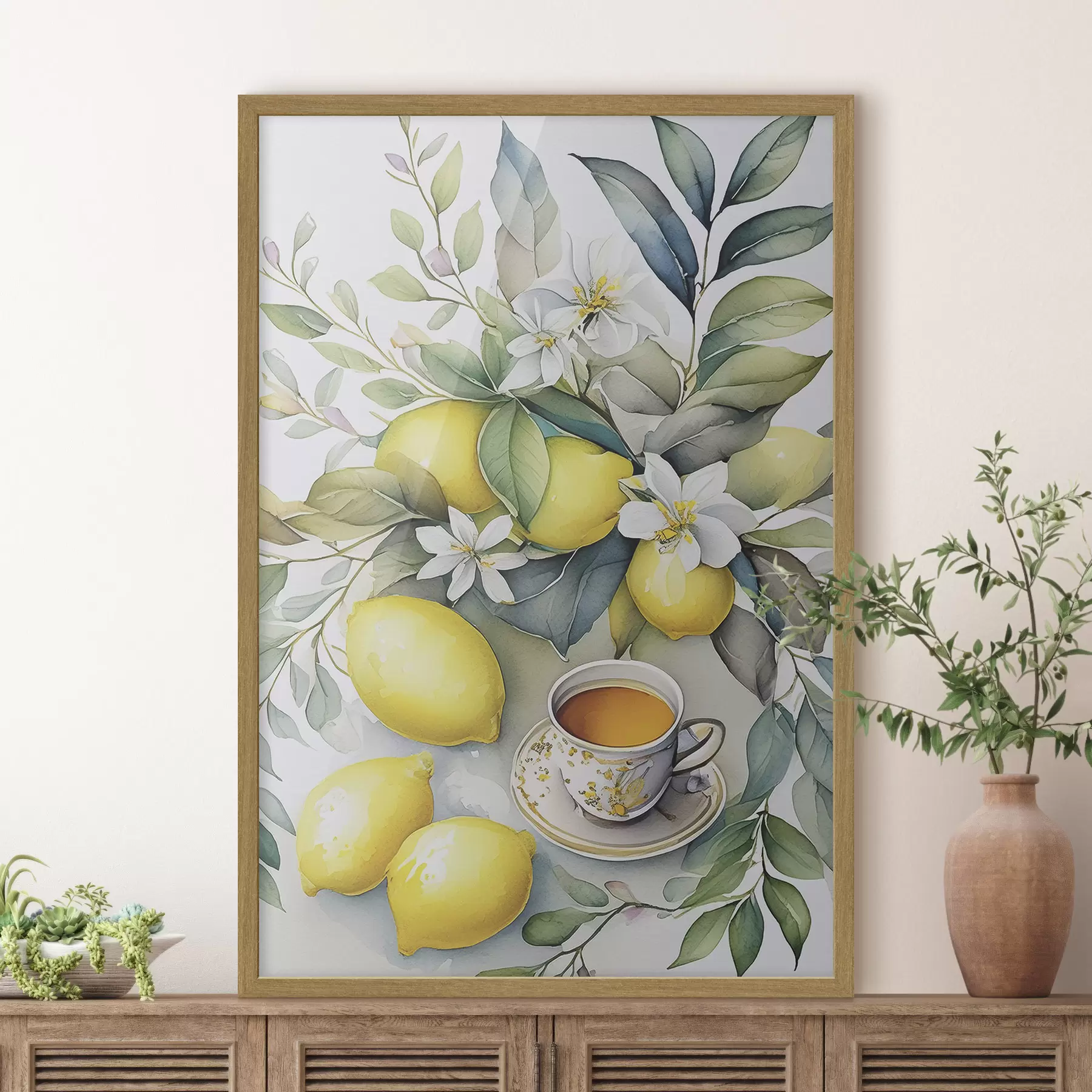 Fototapete Zitronen und Blumen, Aquarell, Frühstück, Tasse Tee, Bohème-Stil f38403