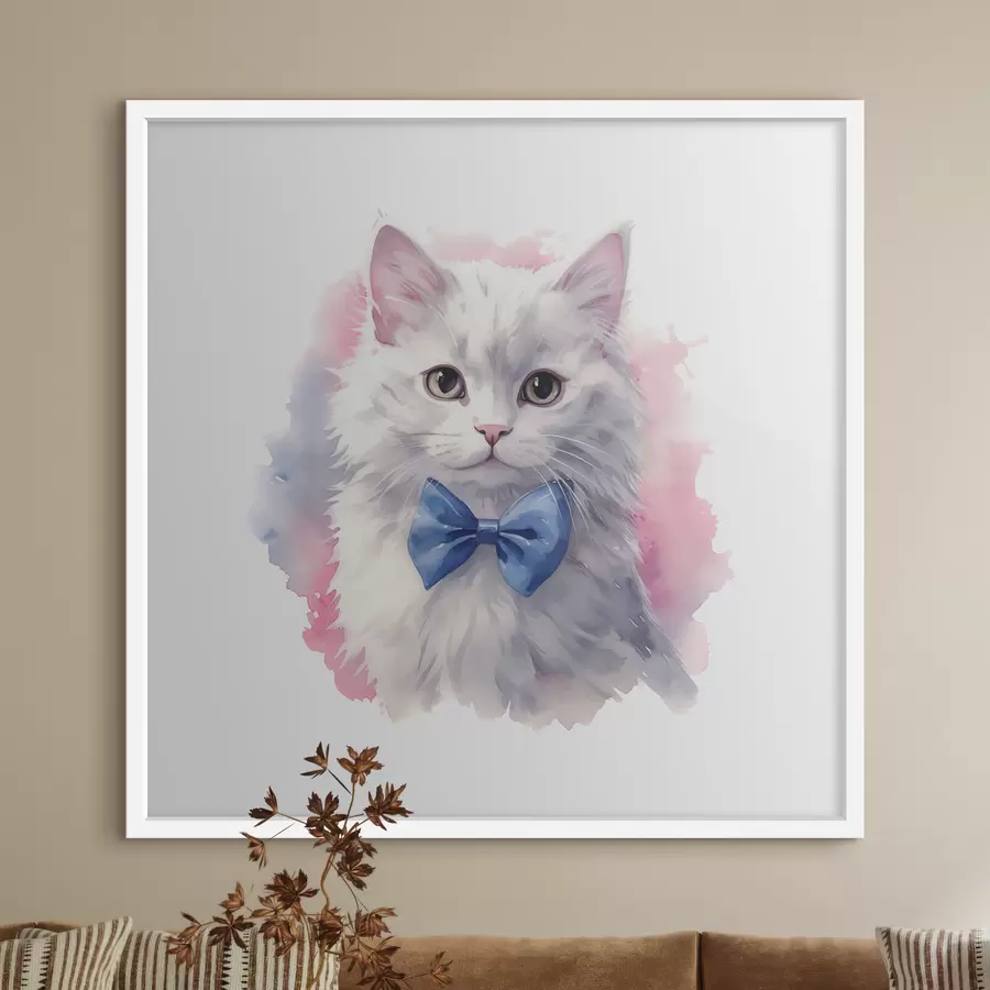 Fototapete Weiße flauschige Katze mit einer blauen Schleife auf dem Hals, Aquarell, Tier, grau, weiß, rosa, blaue Farbe f38479